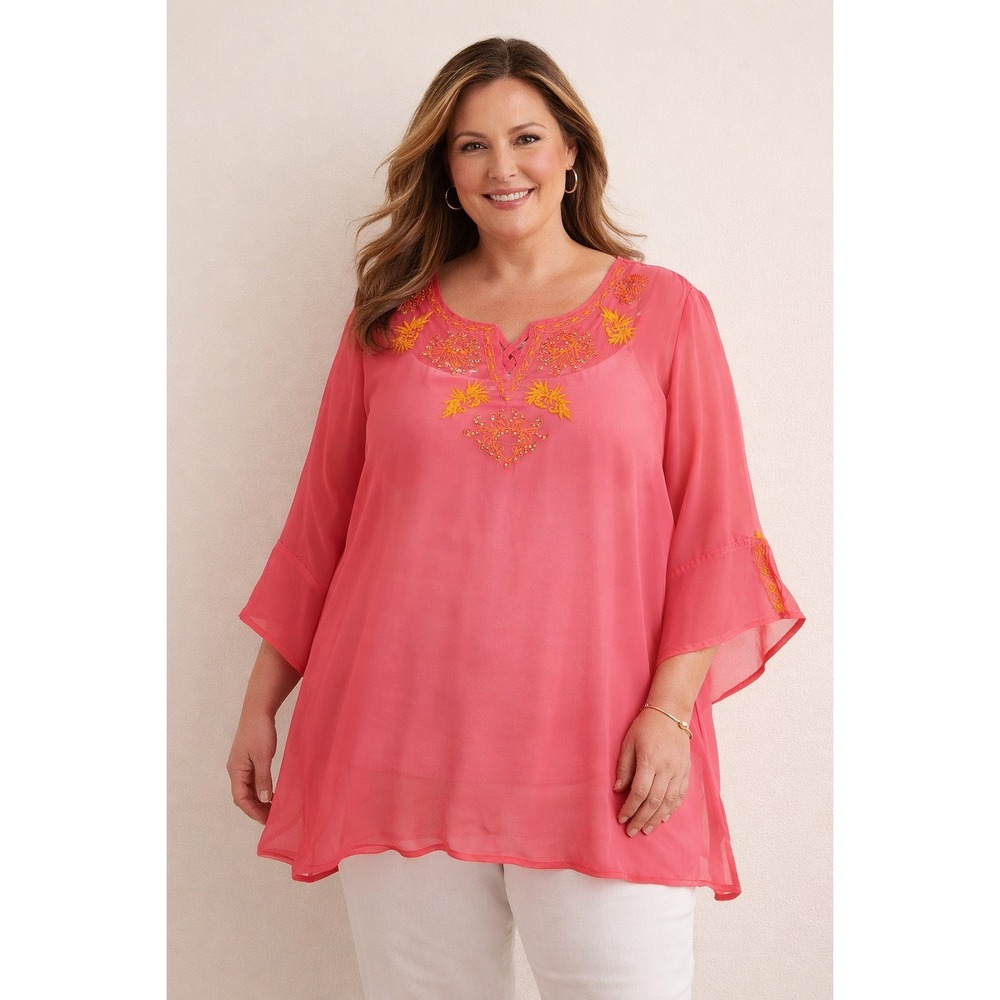 Susan Graver Embroidered Tunic Top 1X Pink Sheer Beaded V Neck Bell Sleeve NEW‎